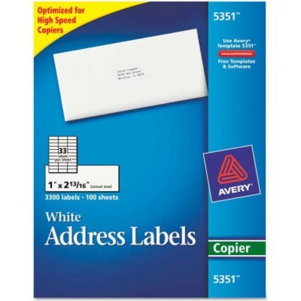 Avery Avery® Self-Adhesive Address Labels for Copiers, 1 x 2-13/16, White, 3300/Box 5351